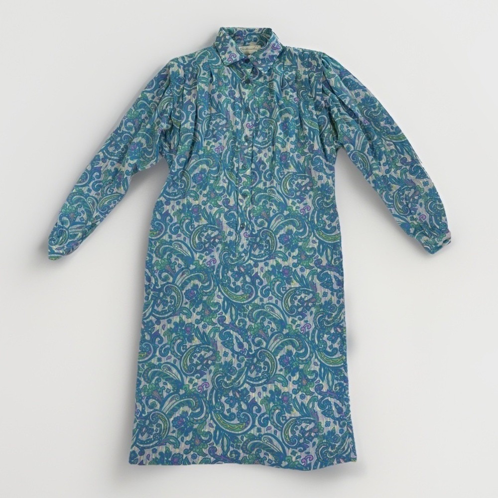Schrader Shirt Dress Womens 8 Blue Paisley Long Sleeve Vintage Boho Midi Pockets